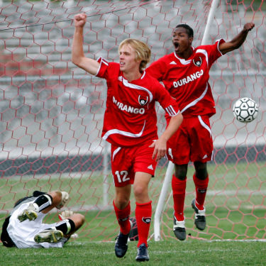Durango forwards Rudi Mattheis-Brown, left, and Shan Webb celebrate Webb's goal against the Montrose Indians during the Western Slope League Championship game at Montrose High School in Montrose, Colo. Durango beat Montrose 3-2 in overtime for the title. Soccer payers rejoice